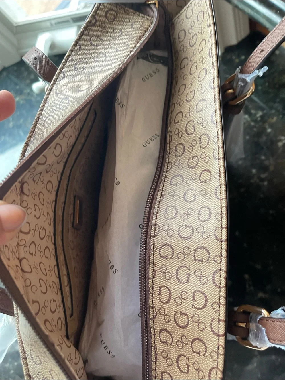 GUESS Tan/Brown Signature Logo Tote with Triangle Emblem